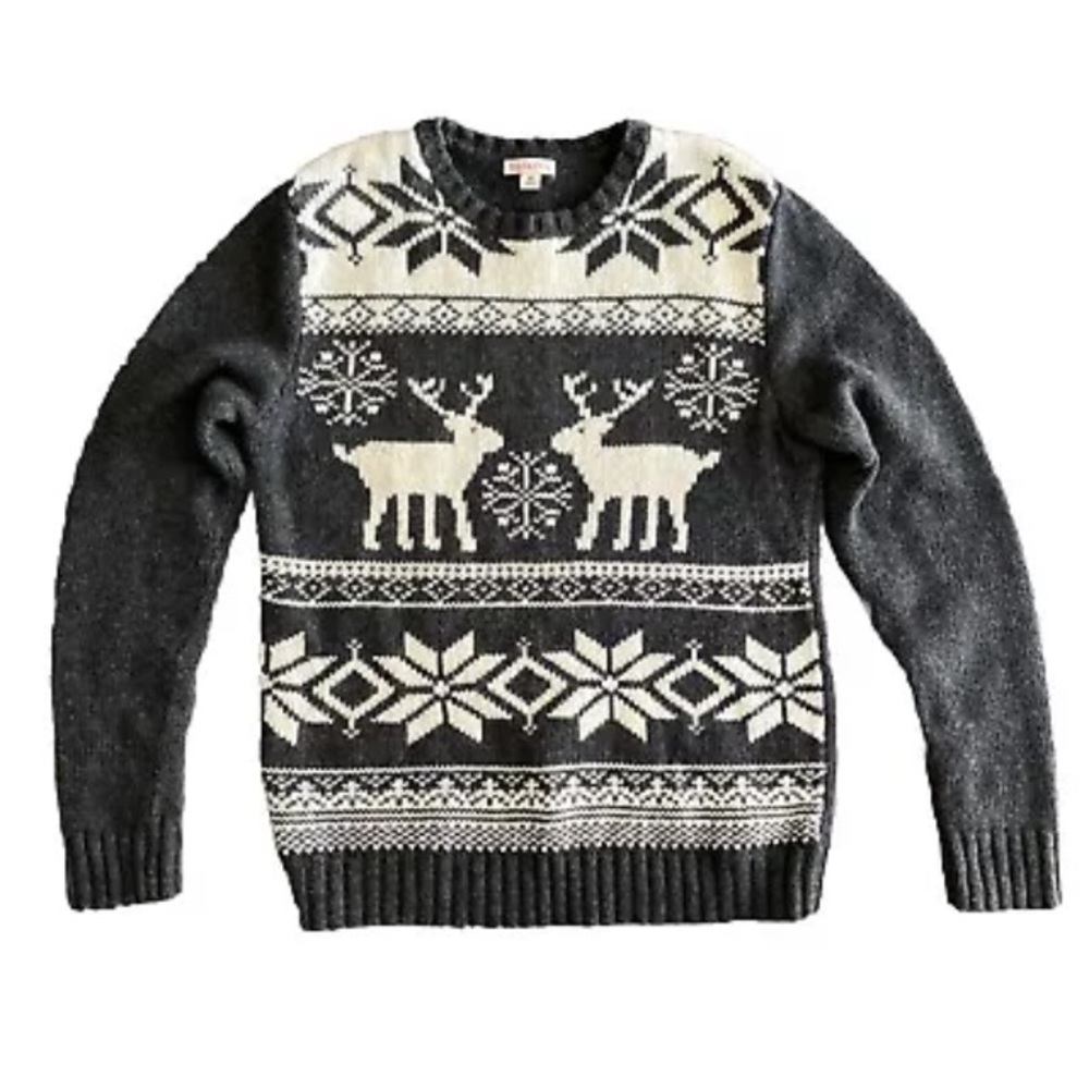 Merona Grey White Reindeer Snowy Cozy Holiday Unisex Winter Sweater Wool Blend M